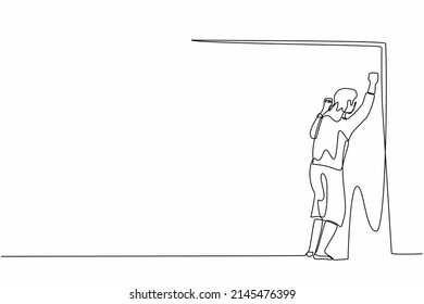 Continuous One Line Drawing Businesswoman Crying Sad Lost Her Opportunity. Depressed Office Worker Wailing On Wall Losing Her Job. Depressive Disorder, Sorrow. Single Line Draw Design Vector Graphic