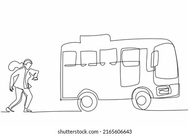 Continuous one line drawing businesswoman run chasing try to catch bus. Hurry running to get transportation, public passenger vehicle. Business metaphor. Single line design vector graphic illustration