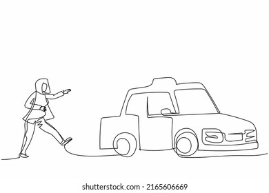 Continuous one line drawing businesswoman run chasing try to catch taxi cab. Hurry running to get a car, yellow public passenger vehicle. Business metaphor. Single line draw design vector illustration