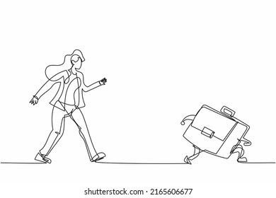 Continuous one line drawing businesswoman run chasing try to catch briefcase. Chasing high performance active mutual fund, buying rising star stock funds. Single line draw design vector illustration