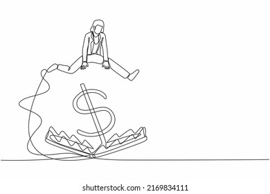 Continuous one line drawing businesswoman jumping over money pitfall with big money dollar symbol. Financial money trap, ponzi scheme or business pitfall. Single line draw design vector illustration