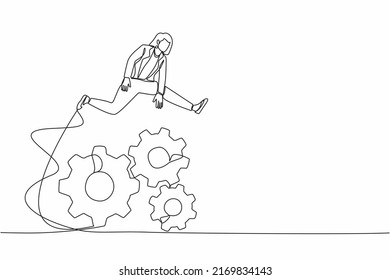 Continuous one line drawing businesswoman jumping over big gears. Female entrepreneur developing business innovation. Operation management system. Single line draw design vector graphic illustration