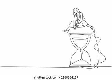 Continuous one line drawing businesswoman jump over or passing hourglass. Business scheduling and time management concept. Deadline or working time efficiency. Single line design vector illustration