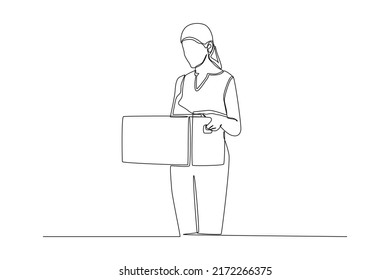 Continuous one line drawing businesswoman packing up personal belongings in the resign box.  Single line draw design vector graphic illustration.