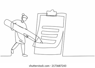 Continuous one line drawing businesswoman writing on clipboard with pencil. Person completion business task. Goal achievements planning schedule. Single line draw design vector graphic illustration