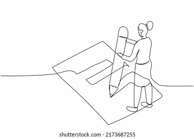 Continuous one line drawing businesswoman filled out questionnaire on the floor. Worker writes test on clipboard with giant pencil. Standing near checklist. Single line draw design vector illustration