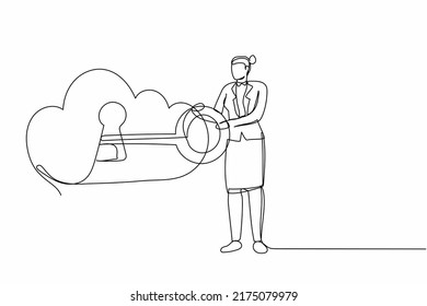 Continuous one line drawing businesswoman put key into cloud. Digital cloud system storage. Password lock security authentication. Online internet technology. Single line design vector illustration