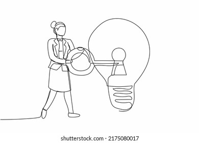 Continuous one line drawing businesswoman put key into light bulb. Brainstorming looking for business idea, invent new product or creative thoughts. Single line draw design vector graphic illustration