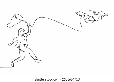 Continuous one line drawing businesswoman try to catching flying brain with butterfly net. Mental retardation due to brain disorders. Mind disease. Single line draw design vector graphic illustration