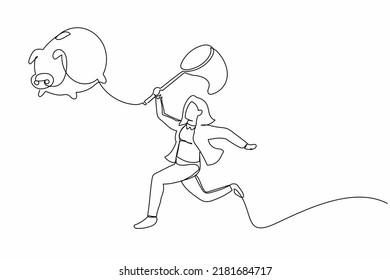 Continuous one line drawing businesswoman try to catching flying piggy bank with butterfly net. Loss job. No income. Savings lost due to dismissal. Single line draw design vector graphic illustration