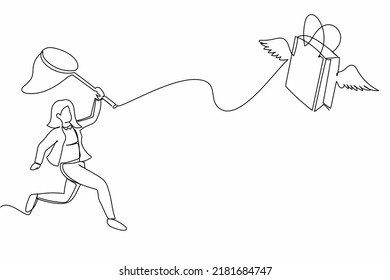 Continuous one line drawing businesswoman try to catching flying shopping bag with butterfly net. Economic crisis made price of goods higher. Hard to shop. Single line draw design vector illustration