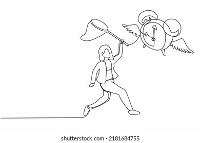 Continuous one line drawing businesswoman try to catching flying alarm clock with butterfly net. Hard to keep up with business project deadlines. Single line draw design vector graphic illustration