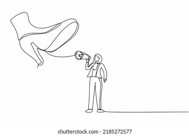 Continuous one line drawing businesswoman protest with megaphone under giant shoe. Female manager under tyranny, dictatorship concept. Minimal metaphor. Single line design vector graphic illustration