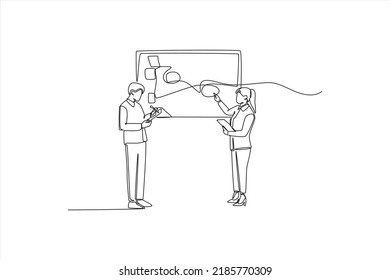 Continuous one line drawing businesswoman employee explain data in screen to manager. Training and workshop concept. Single line draw design vector graphic illustration.