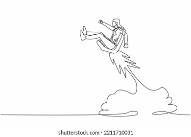 Continuous one line drawing businesswoman riding office chair rocket flying in the sky. Motivation to succeed concept. Start new career opportunity. Single line draw design vector graphic illustration