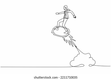 Continuous one line drawing businesswoman riding shield rocket flying in the sky. Business security acceleration to save financial growth concept. Single line draw design vector graphic illustration