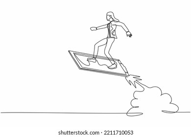 Continuous one line drawing businesswoman riding clipboard rocket flying in the sky. Checklist data analyze of employee status. Company development. Single line draw design vector graphic illustration