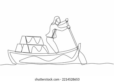 Continuous one line drawing businesswoman sailing away on boat with stack of golden bullion. Gold investment concept. Office worker planning future finance. Single line draw design vector illustration