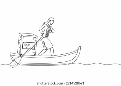 Continuous one line drawing businesswoman sailing away on boat with safe deposit box. Unexpected financial opportunities, credit, bank deposit protection. Single line draw design vector illustration