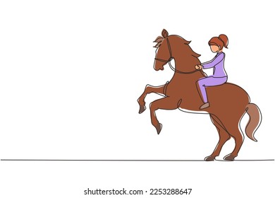 Continuous one line drawing businesswoman riding horse symbol of success. Business metaphor concept, looking at the goal, achievement, leadership. Single line draw design vector graphic illustration