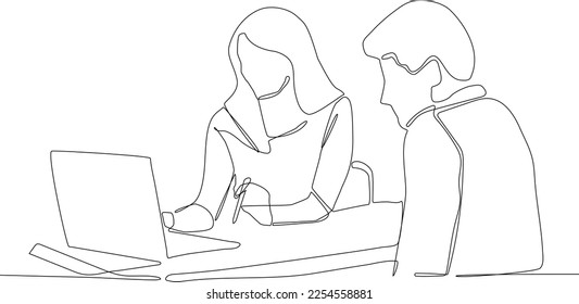 Continuous one line drawing businesswoman sitting and consulting with young professional man at office. Business consulting concept. Single line draw design vector graphic illustration.