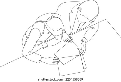 Continuous one line drawing businesswoman sitting and consulting with young professional man at office. Business consulting concept. Single line draw design vector graphic illustration.