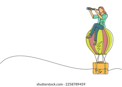 Una línea continua dibujando a una mujer de negocios sentada y mirando a través del telescopio en un maletín de globos aerostáticos. Mujeres en búsqueda de éxito en globo maletín. Viajes de negocios. Vector de diseño de línea única