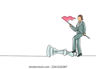 Continuous one line drawing businesswoman holding flag, defeat competitors in business as winning chess game. Company strategy success using powerful move for advantage. Single line draw design vector