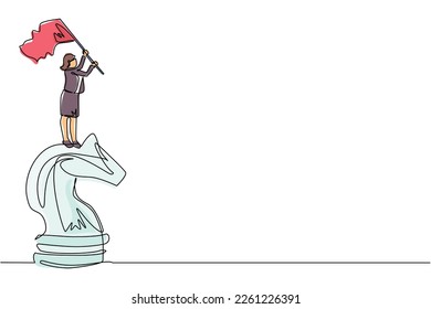Continuous one line drawing businesswoman standing on top of big horse knight chess and waving a flag. Business achievement goal, metaphor concept. Single line draw design vector graphic illustration