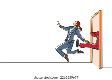 Continuous one line drawing businesswoman get kicked out of door. Dismissed from her job. Unemployment business concept. Boss kicks unnecessary employee. Single line design vector graphic illustration