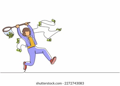 Continuous one line drawing businesswoman trying to catch flying money with butterfly net. Happy running entrepreneur woman using business opportunity to scoop dollar bills. Single line design vector