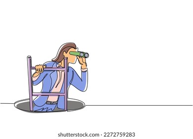 Continuous one line drawing businesswoman climbs out of the hole by ladder and using binocular. Business vision and solution concept. Symbol of challenge. Single line draw design vector illustration