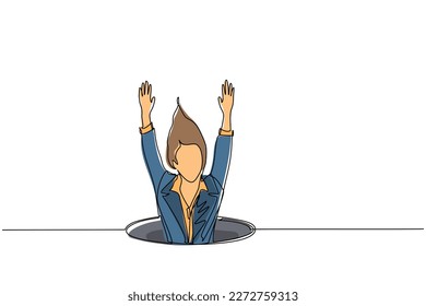 Continuous one line drawing businesswoman fell into manhole underground sewer. Female fell into sewage. Depressed and business failure concept. Metaphor. Defeat. Single line draw design vector graphic