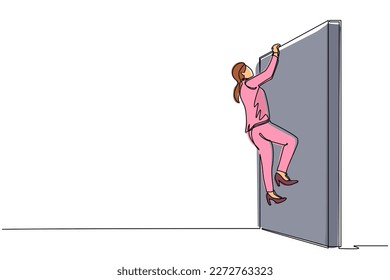 Continuous one line drawing businesswoman climb obstacle wall, solve the problem. Business concept, team metaphor. Successful leader businesswoman. Single line draw design vector graphic illustration