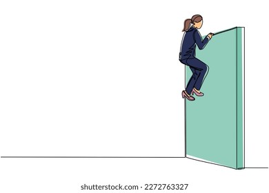 Continuous one line drawing businesswoman overcame wall obstacles that blocked her and conquered adversity. Overcome difficulties to achieve victory. Single line design vector graphic illustration