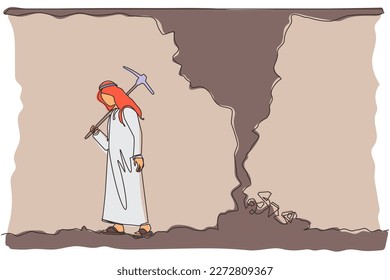Continuous one line drawing businesswoman give up before reach money and diamonds. Worker gives up digging not knowing precious diamond is almost revealed. Single line draw design vector illustration