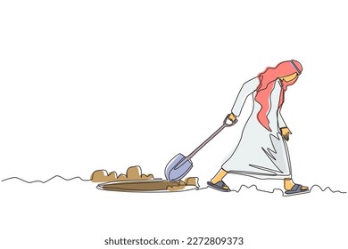 Continuous one line drawing businesswoman walking unsteadily leaving hole dug dragging shovel. Woman digs in tunnel trying to get to goal. She gave up, stopped trying. Single line draw design vector