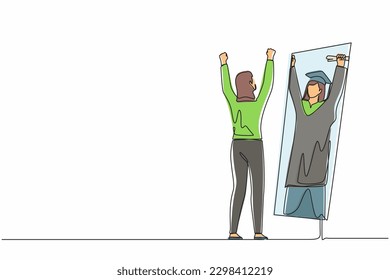 Continuous one line drawing businesswoman standing in front of mirror looking her reflection, imagine herself graduation student with diploma. Successful future in mirror. Single line design vector