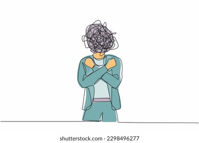 Continuous one line drawing businesswoman with round scribbles instead of head. Female with fists clenched, arms crossed gesture. Attractive girl with arms crossed. Single line graphic design vector