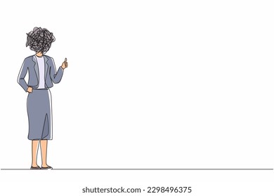 Continuous one line drawing businesswoman with round scribbles instead of head. Female manager dressed in blazer showing thumbs up sign. Deal, like, agree, approve. Single line graphic design vector