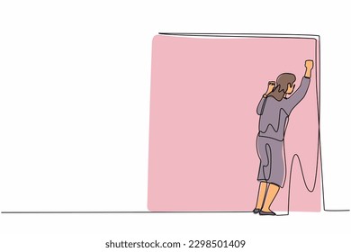 Continuous one line drawing businesswoman crying sad lost her opportunity. Depressed office worker wailing on wall losing her job. Depressive disorder, sorrow. Single line draw design vector graphic