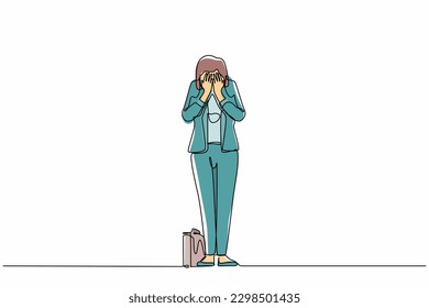 Continuous one line drawing businesswoman cover her face by hands and crying. Depression disorder, sad, sorrow, disappointment. Psychological therapy and treatment. Single line design vector graphic