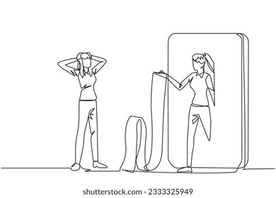 Continuous one line drawing of businesswoman standing facing businessman getting out of big smartphone holding long bill. Surprised by number of bills from business partners. Single line design vector