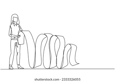 Continuous one line drawing businesswoman held long billing paper with both hands. Worry about spending a lot of money because of large number of bill. Single line draw design vector illustration