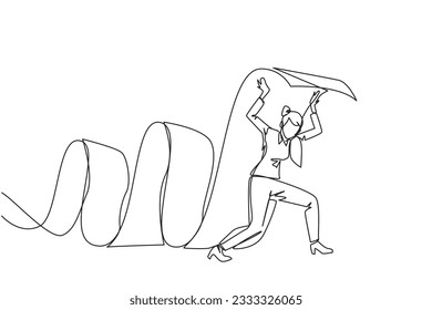 Continuous one line drawing businesswoman held long roll of billing paper with shoulders. Bear and keep paying amount of bills so business continues to run. Single line draw design vector illustration