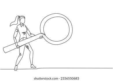 Continuous one line drawing businesswoman standing holding giant magnifier. Resembling guitar player, she searches, analyzes, finds all the necessary data. Single line draw design vector illustration