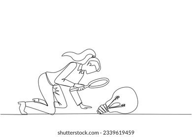 Continuous one line drawing businesswoman holding magnifying glass look at lightbulb. Requires a brilliant idea to expand its business overseas. Metaphor. Single line draw design vector illustration