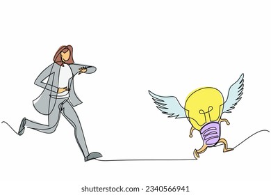 Continuous one line drawing businesswoman run chasing try to catch flying light bulb. Searching inspiration, creative idea, success. Business metaphor. Single line design vector graphic illustration