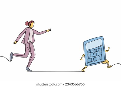 Continuous one line drawing businesswoman chasing calculator. Math operations, budget, analytics, data, income, finance. Calculations and economy. Single line draw design vector graphic illustration