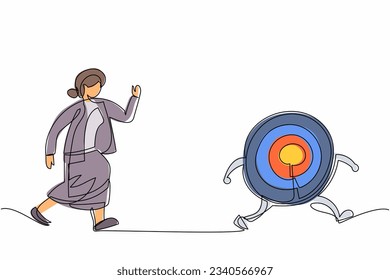 Continuous one line drawing businesswoman run chasing try to catch big dart target. Office worker running after her career goal. Business metaphor. Single line draw design vector graphic illustration